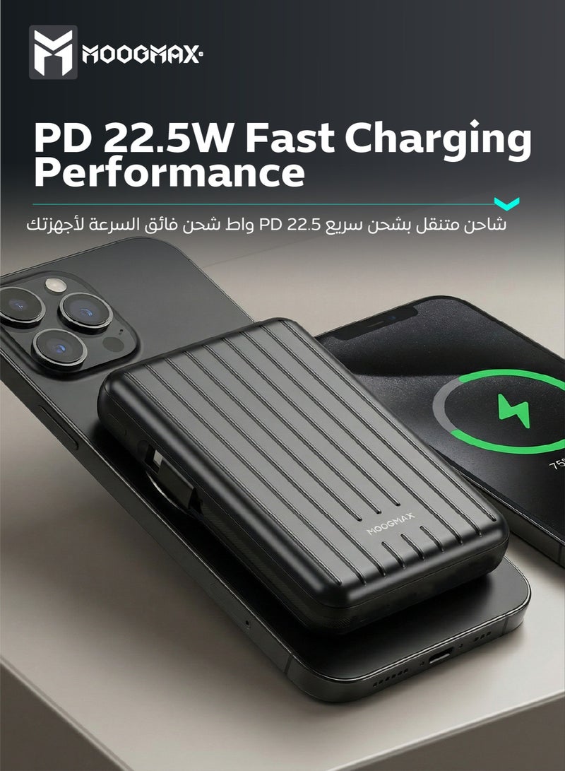 موجماكس باور بنك بسعة 10000 مللي أمبير. باور بانك صغير لاسلكي مغناطيسي (ماج سيف). شاحن متنقل صغير بثلاث منافذ (يو اس بي& تايب سيPD& لايتنينج ايفون). بطاريه متنقله باسلاك شحن قماشية مدمجة (تايب سي& لايتنينج ايفون). بور بنك بقوة شحن 15واط لشحن اللاسلكي و22.5 واط لمنافذ الشحن والكيابل. أسود - Image 3